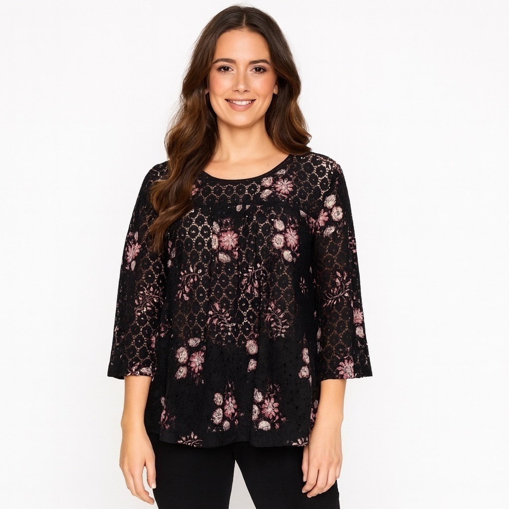 Loft black lace pink Floral Top Size S